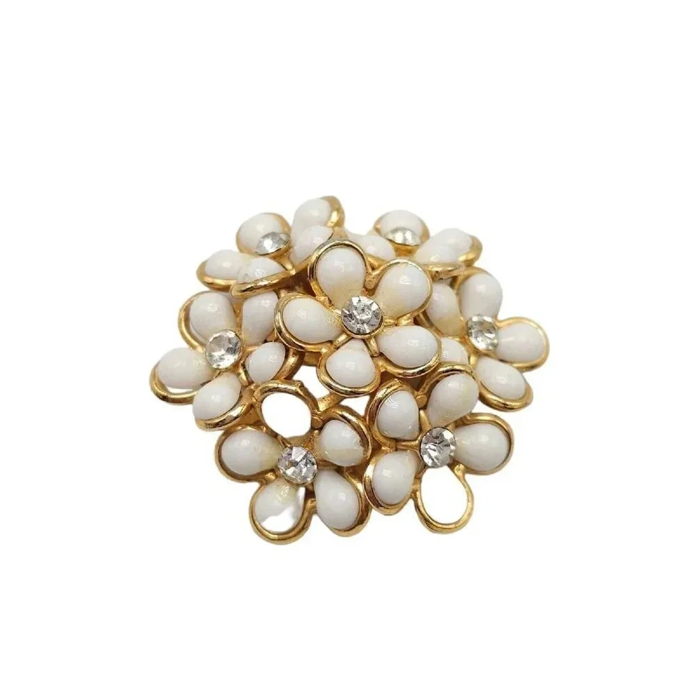 Floral White Lucite Clear Rhinestone Gold Tone 1.5